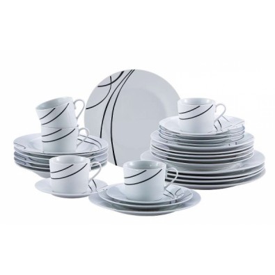 RENBERG Jídelní sada talířů 30 ks OSLO, bílá / černý dekor