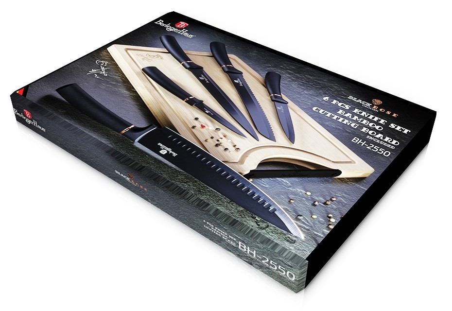 BERLINGERHAUS Sada nožů s nepřilnavým povrchem + prkénko 6 ks Black Rose Collection