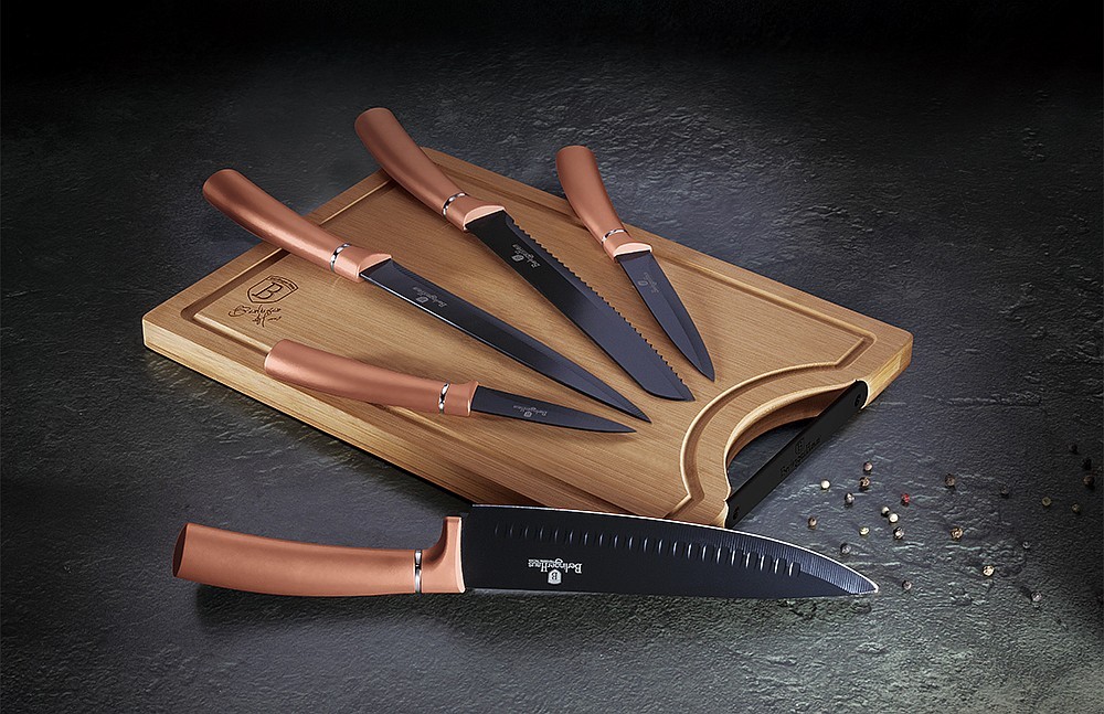 BERLINGERHAUS Sada nožů s nepřilnavým povrchem + prkénko 6 ks Rosegold Metallic Line