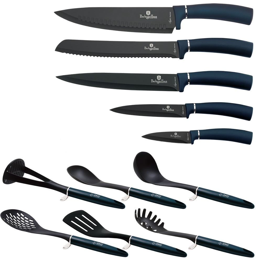 Sada nožů a kuchyňského náčiní ve stojanu 12 ks Aquamarine Metallic Line