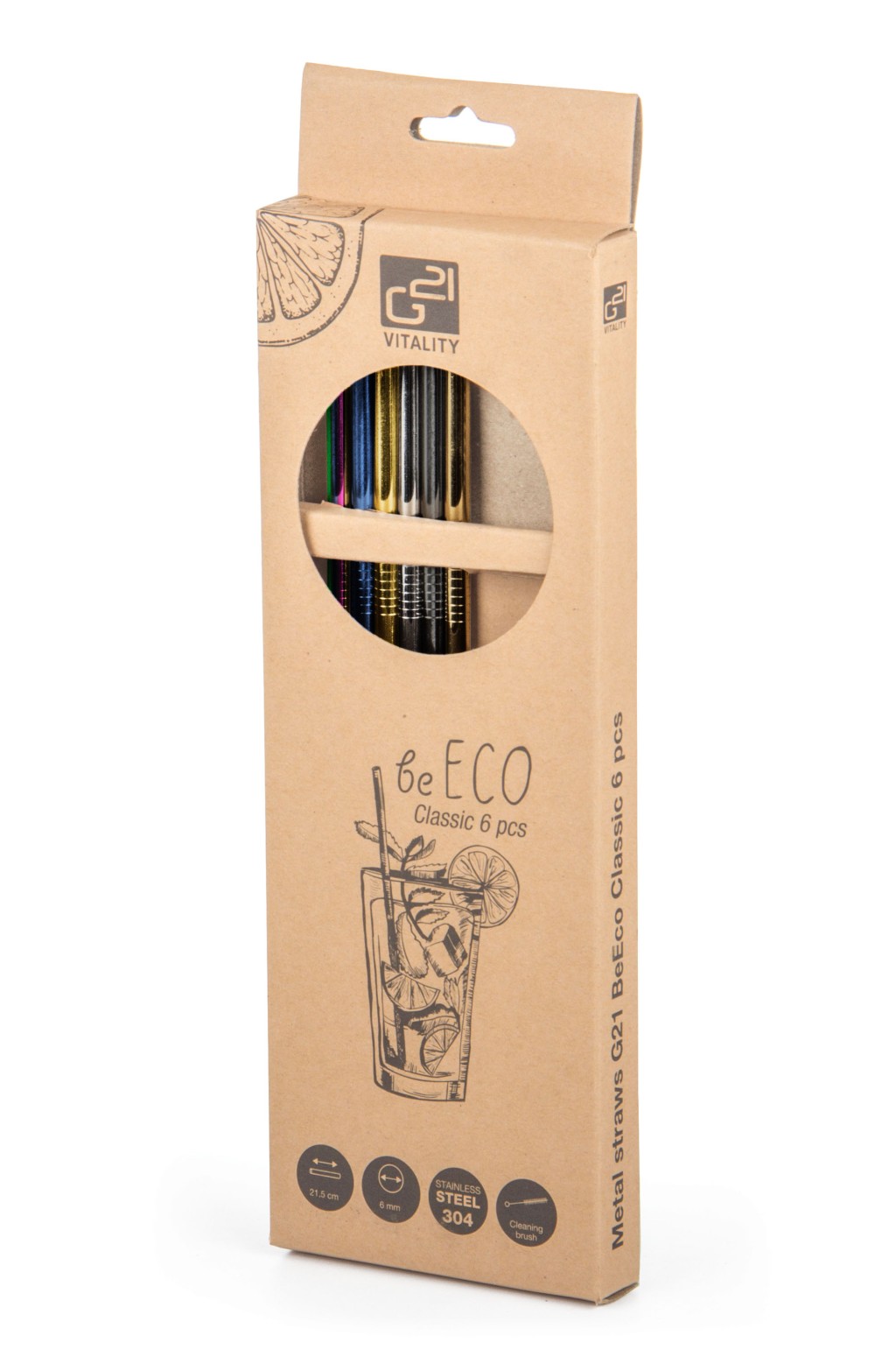Kovová brčka G21 BeEco Classic 6 ks mix barev, rovná + kartáček na čištění