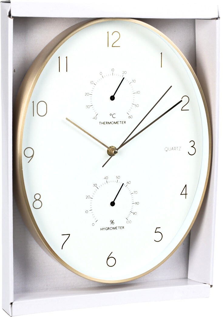 Nástěnné hodiny s teploměrem a vlhkoměrem 34,5 cm zlatý rám