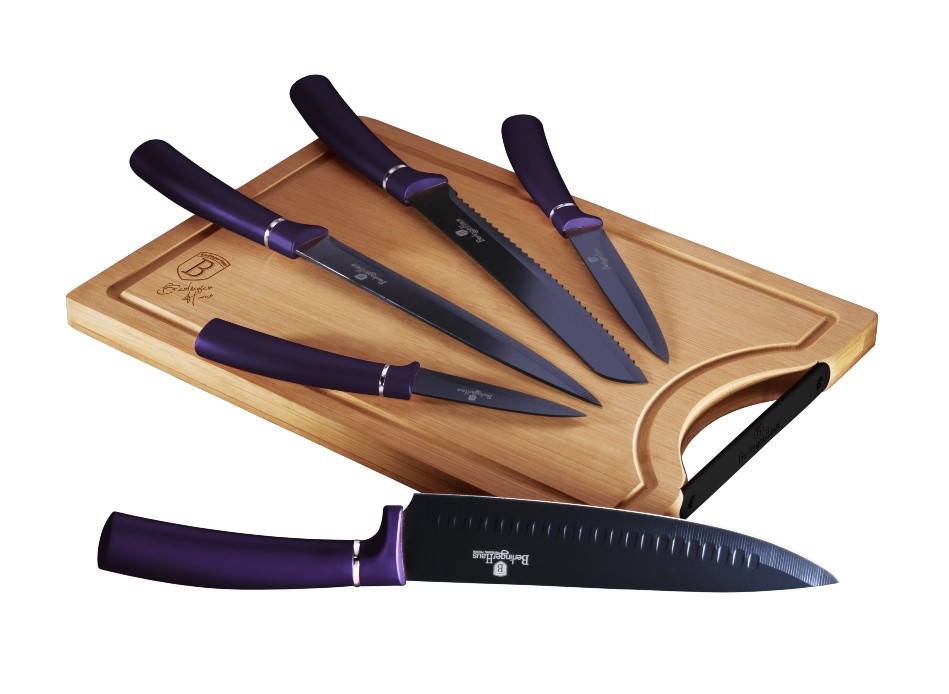 Sada nožů s nepřilnavým povrchem + prkénko 6 ks Purple Metallic Line BH-2683