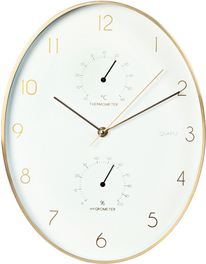 Levně SEGNALE Nástěnné hodiny s teploměrem a vlhkoměrem 34,5 cm zlatý rám KO-837362270