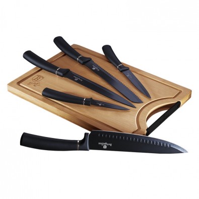 BERLINGERHAUS Sada nožů s nepřilnavým povrchem + prkénko 6 ks Black Silver Collection